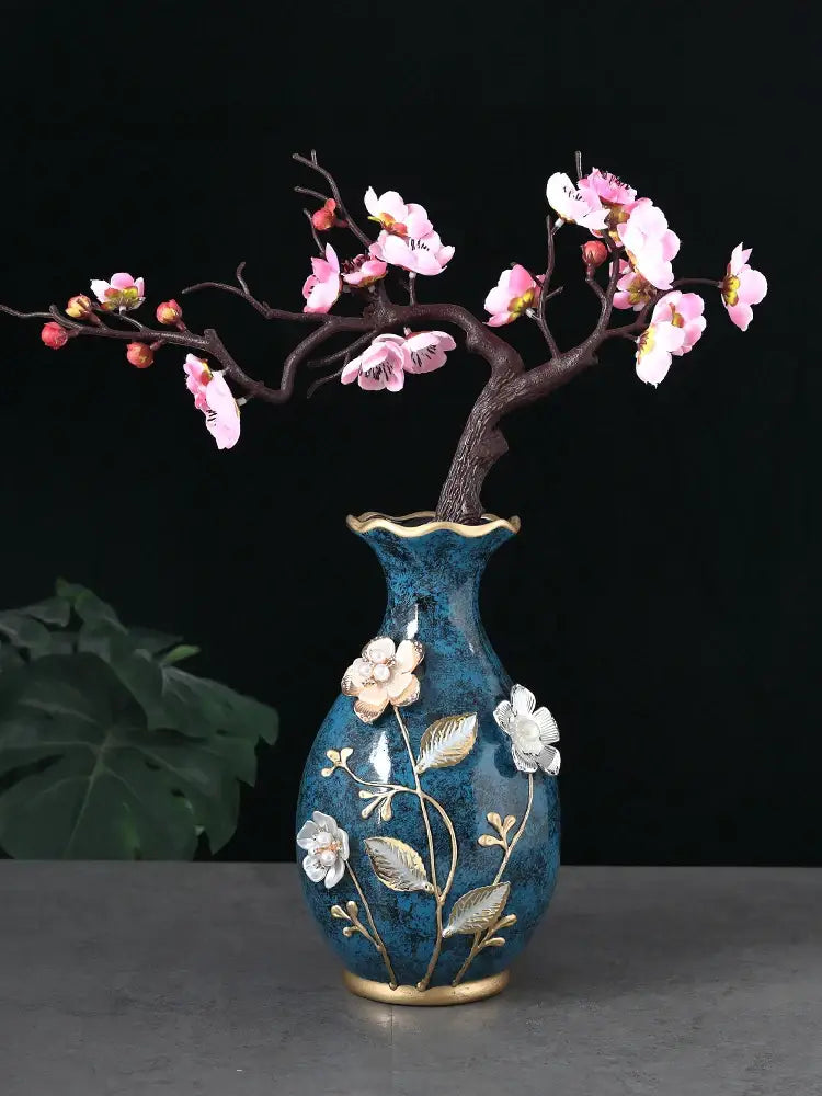 Teal Floral Ceramic Vase