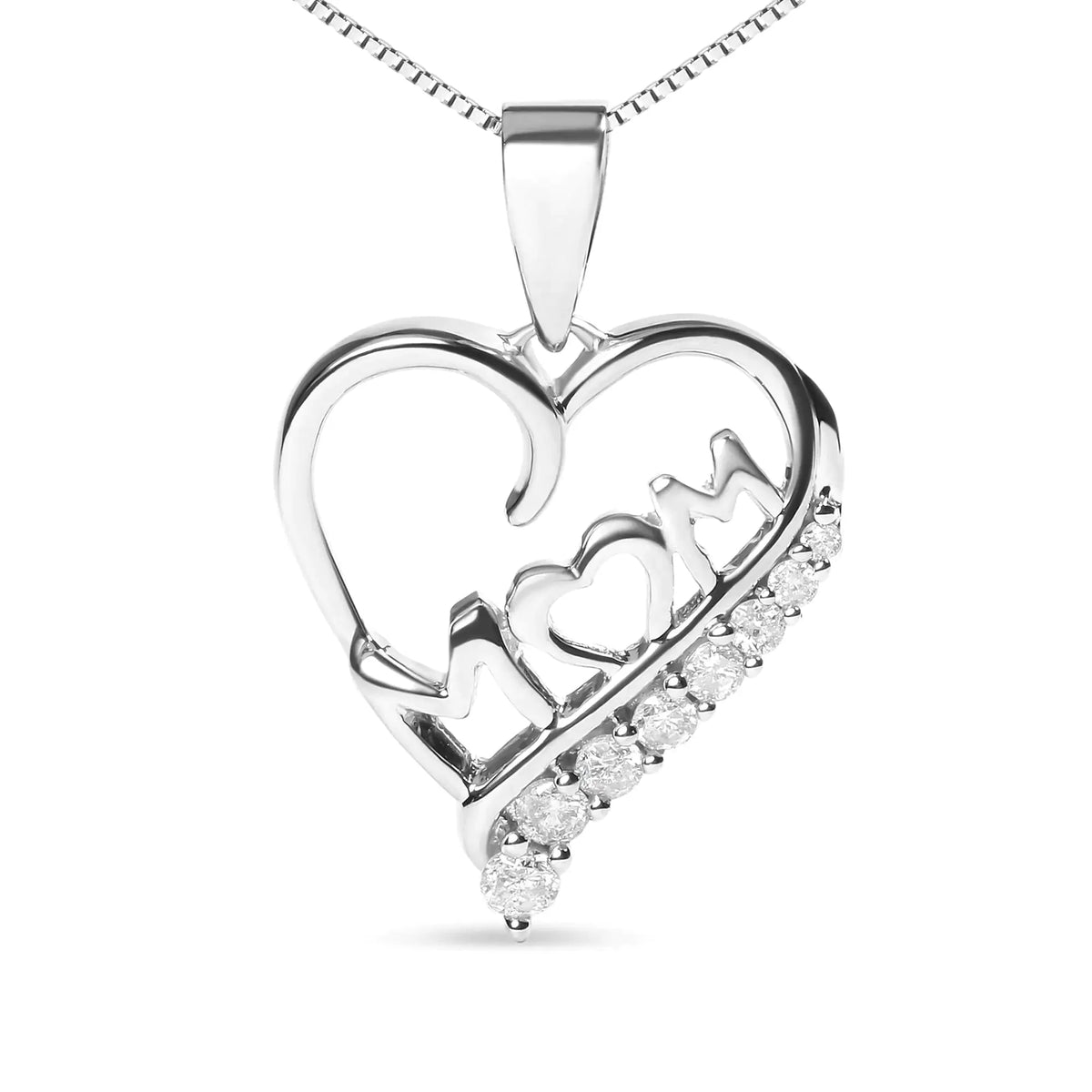 .925 Sterling Silver 1/4 Cttw Diamond "Mom" and Open Heart 18" Pendant Necklace (I-J Color, I2-I3 Clarity)