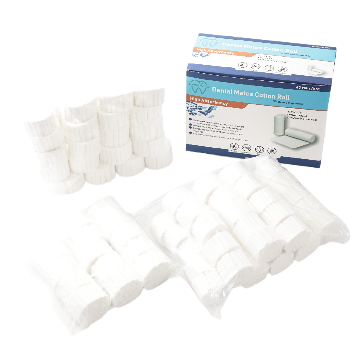 1 1/2" Length Cotton Rolls 5/16"(#1 SM), 3/8"(#2 MD) 2,000pcs/box and 1/2"(#3 LG) 450pcs per box