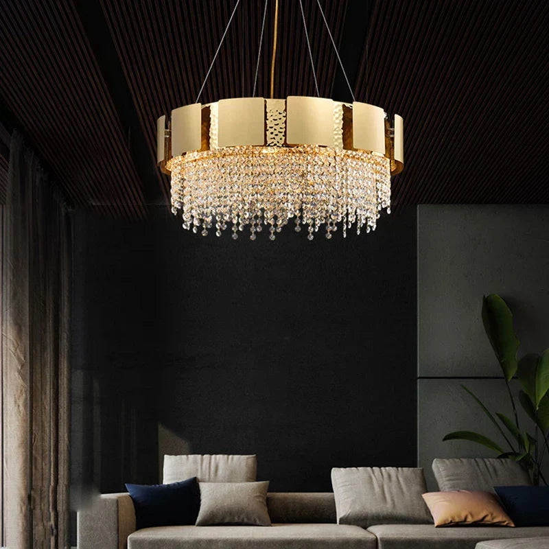 Gold Crystal Pendant Light Polished Steel Foyer