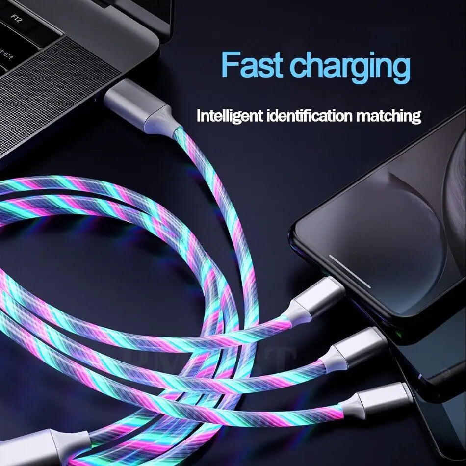 3 in 1 LED Fast Charging Cable Adapter For iPhone Micro USB Type C Charger Cord