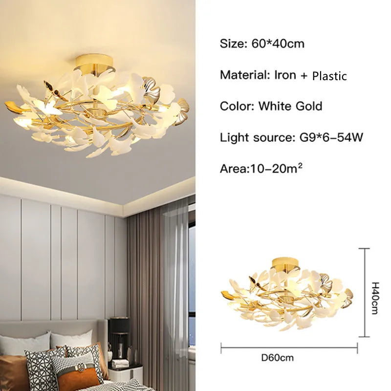 Gold Branch Chandelier With Porcelain Leaves