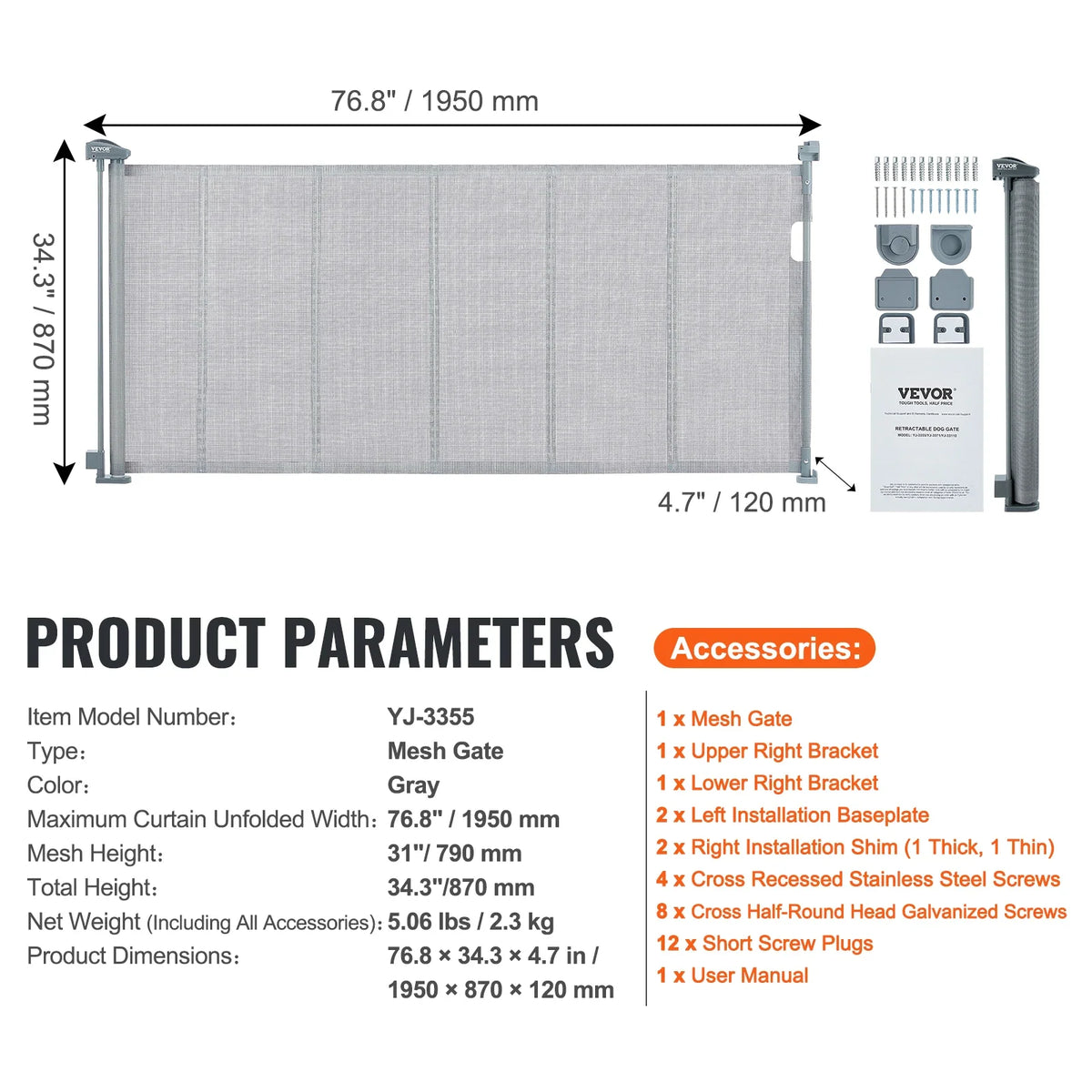 VEVOR Retractable Baby Gate Tall Mesh Baby Gate Extends up to Wide Retractable Gate for Kids or Pets Retractable Dog Gates