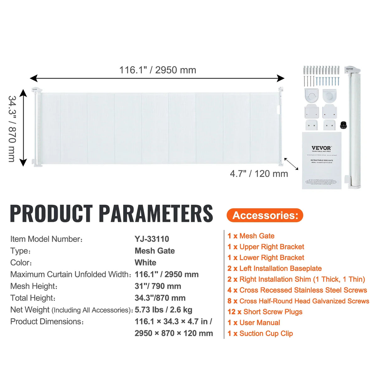 VEVOR Retractable Baby Gate Tall Mesh Baby Gate Extends up to Wide Retractable Gate for Kids or Pets Retractable Dog Gates