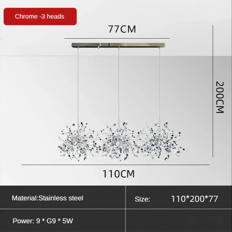 Sequin Leaf Ceiling Chandelier Gold 6-Head Long