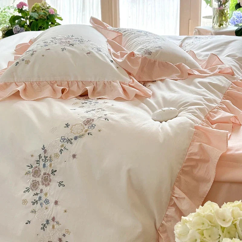 Embroidered Cotton Bedding Set Lace Ruffle King