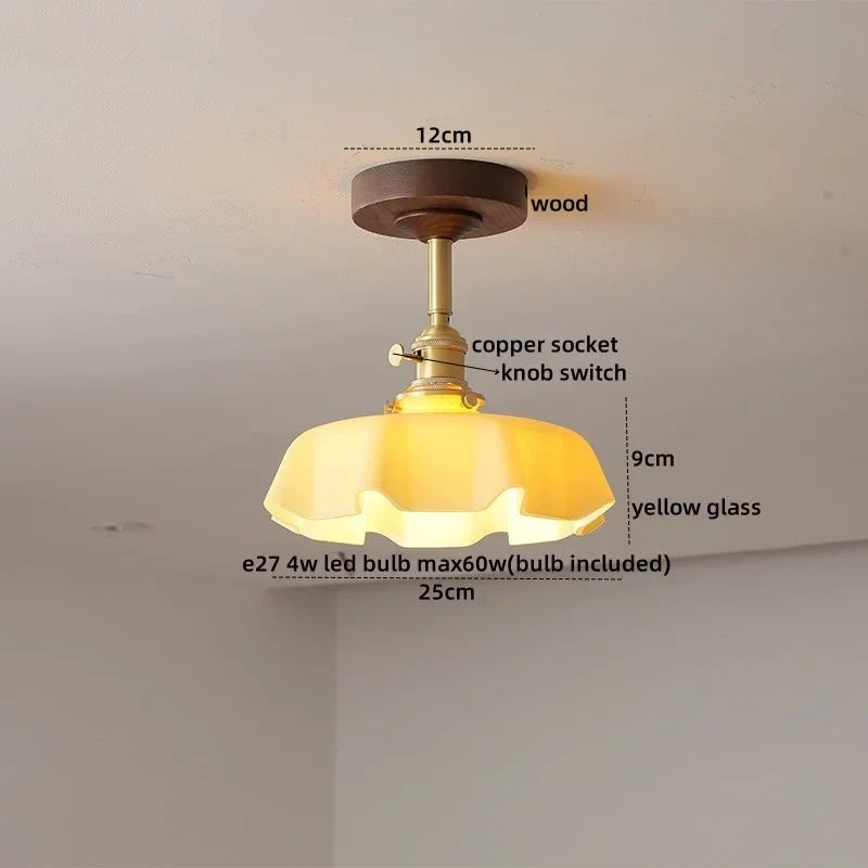 Green Glass Ceiling Lamp Copper Wood Accent