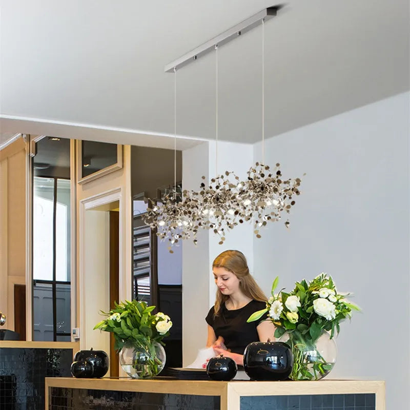 Sequin Leaf Ceiling Chandelier Gold 6-Head Long