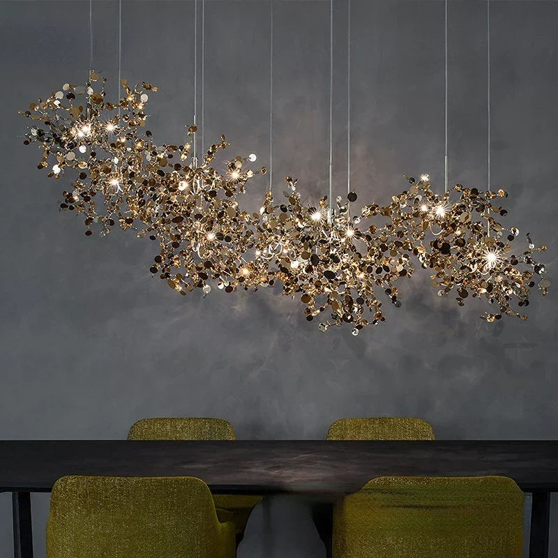 Sequin Leaf Ceiling Chandelier Gold 6-Head Long