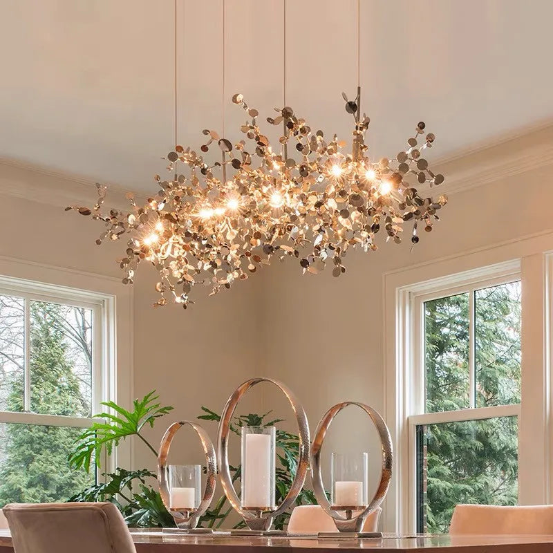 Sequin Leaf Ceiling Chandelier Gold 6-Head Long