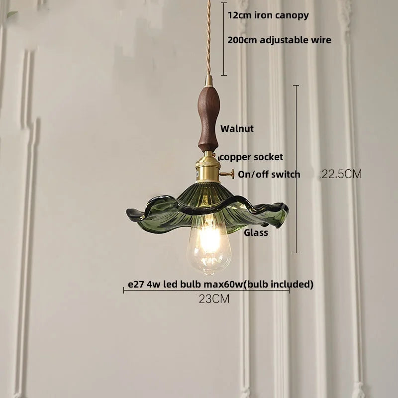 Green Glass Pendant Light 3-Head Adjustable Wire