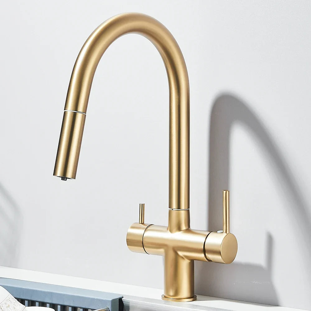 Filtered Kitchen Sink Faucet With Retractable Sprayer Brass Water Filter Tap Drinking Water Tap Vessel Sink Mixer For Kitchen