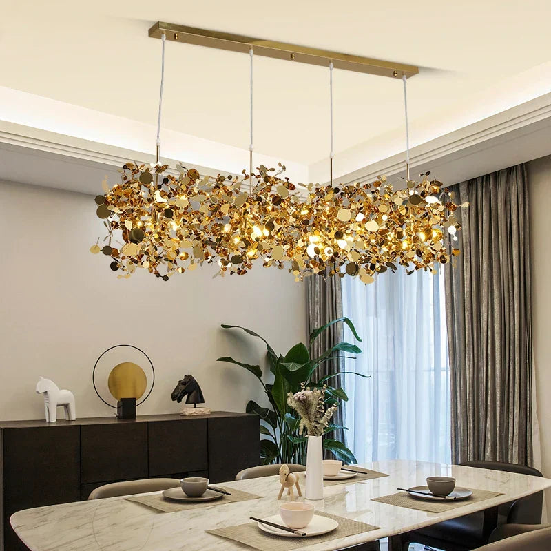 Sequin Leaf Ceiling Chandelier Gold 6-Head Long