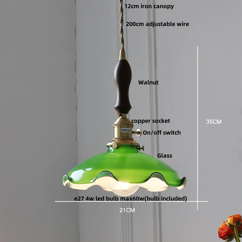 Green Glass Pendant Light Adjustable E27 Base