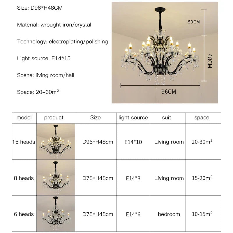 Black Crystal Candle Chandelier for Dining or Kitchen