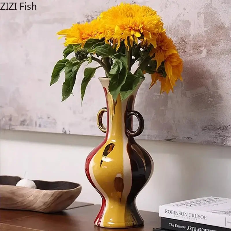 Yellow Red Ceramic Vase