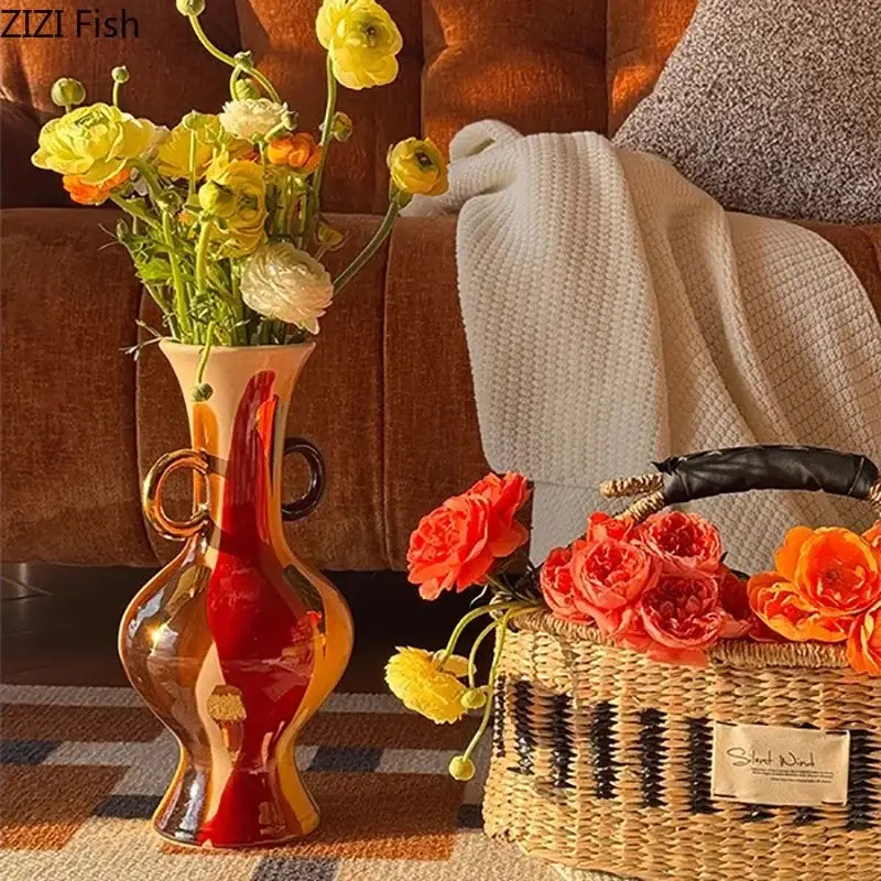 Yellow Red Ceramic Vase