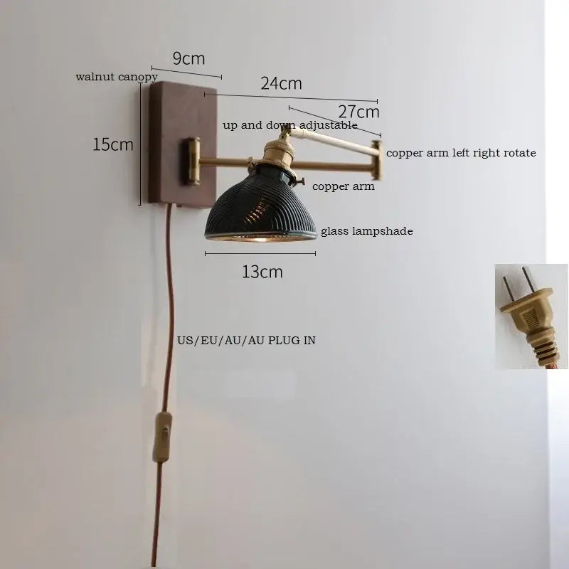 Brass Adjustable Wall Sconce with Ribbed Glass