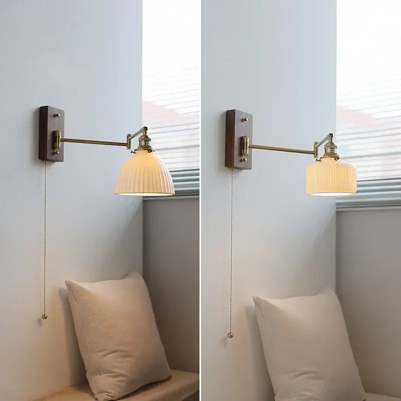 Brass Adjustable Wall Sconce with Ribbed Glass