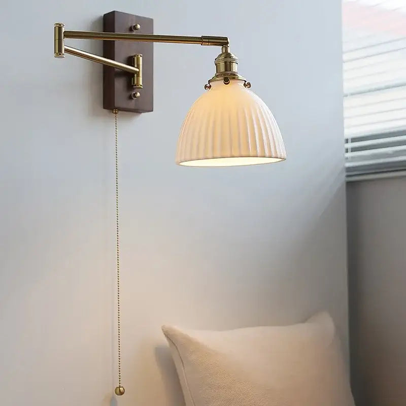 Brass Adjustable Wall Sconce with Ribbed Glass