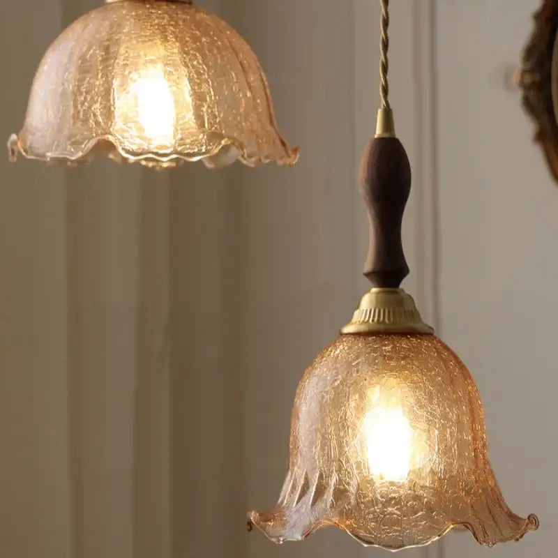 Amber Glass Walnut-Copper Kitchen Pendant Lamp