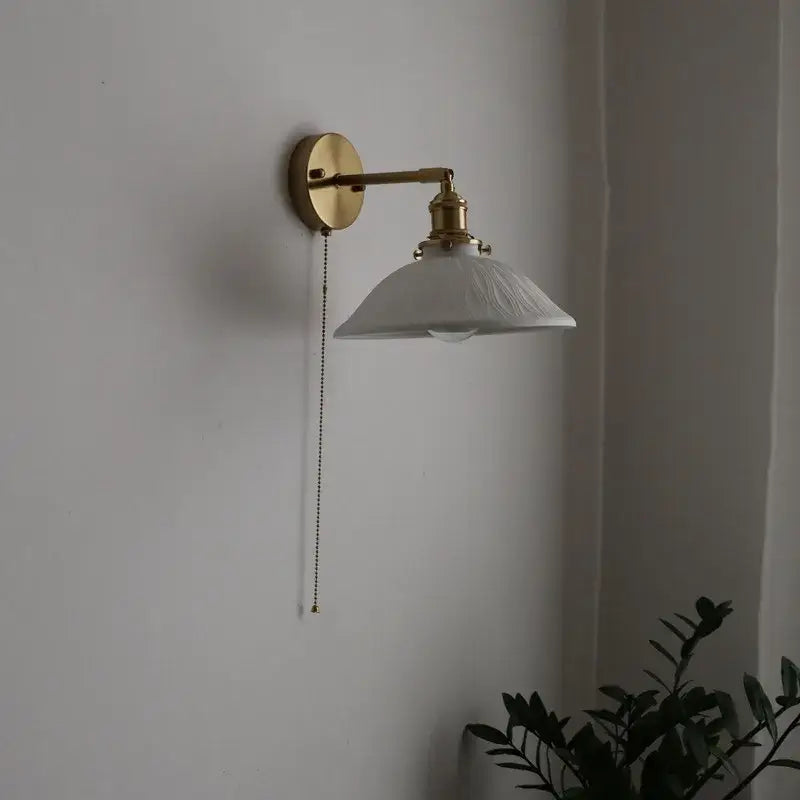 Brass Ribbed Glass Wall Lamp with Pull Chain
