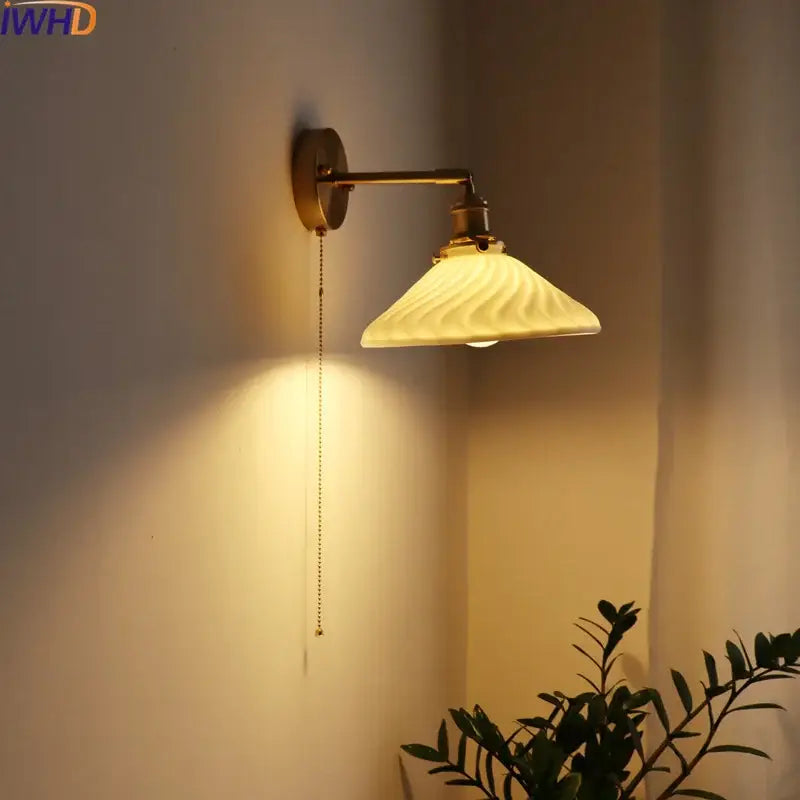 Brass Ribbed Glass Wall Lamp with Pull Chain