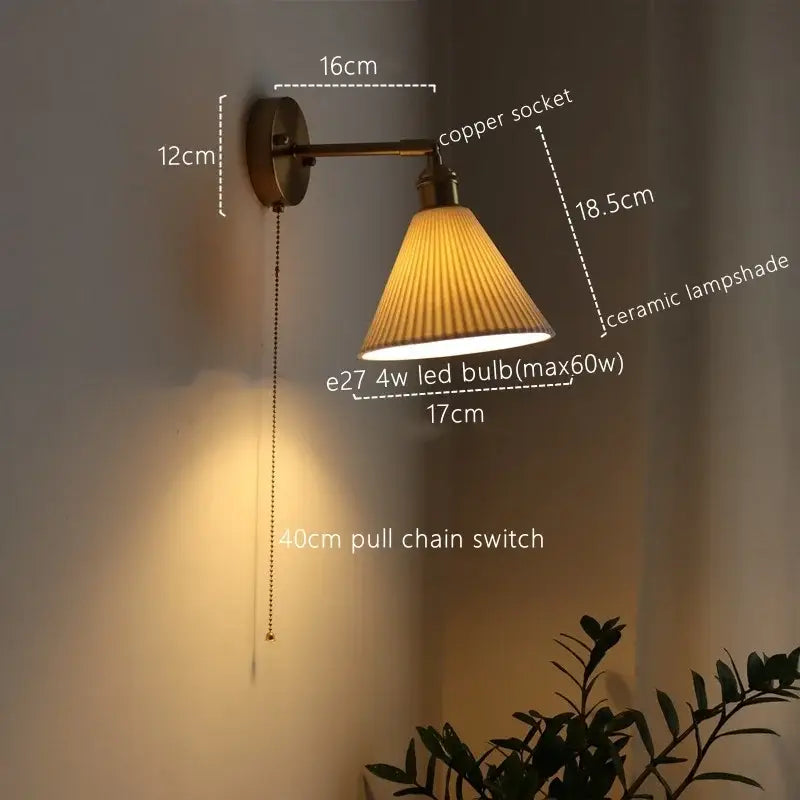 Brass Ribbed Glass Wall Lamp with Pull Chain
