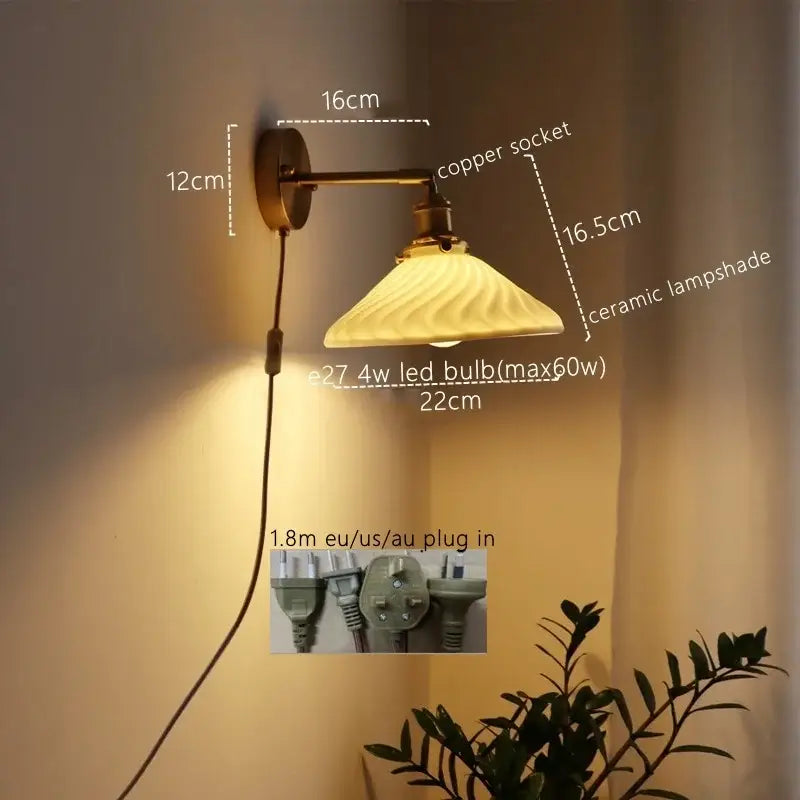 Brass Ribbed Glass Wall Lamp with Pull Chain