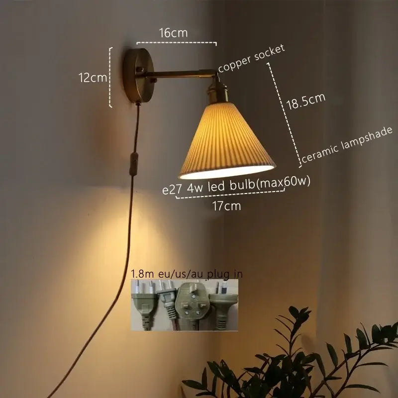 Brass Ribbed Glass Wall Lamp with Pull Chain