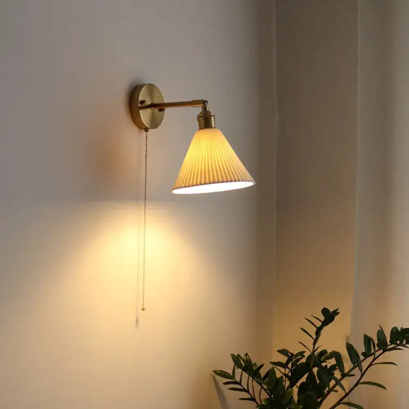 Brass Ribbed Glass Wall Lamp with Pull Chain