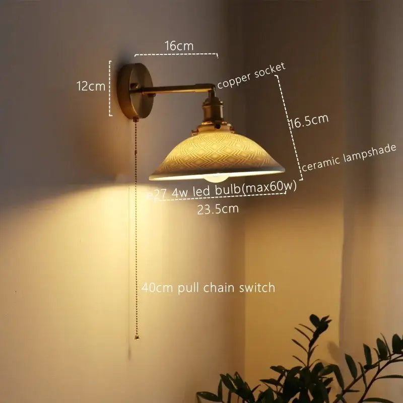 Brass Ribbed Glass Wall Lamp with Pull Chain