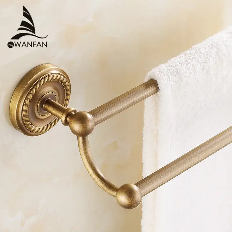 Antique Brass Double Towel Rack Ornate Base