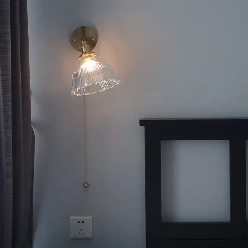 Antique Brass Pull Chain Sconce With Glass Shade