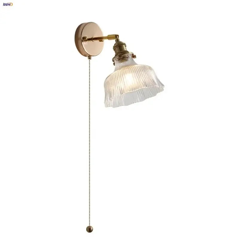 Antique Brass Pull Chain Sconce With Glass Shade