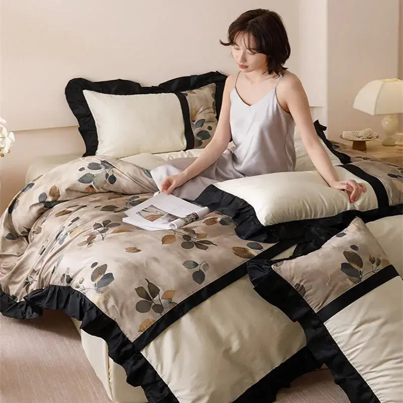 Rayon Beige Black Bedding Set