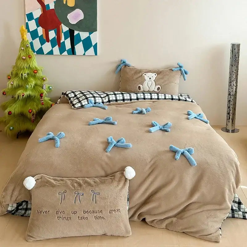 Velvet Beige Blue Duvet Set