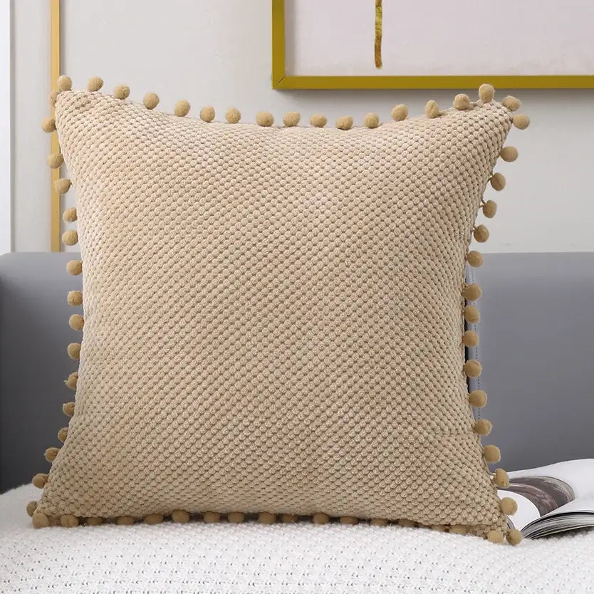Beige Pompom Pillow Cover