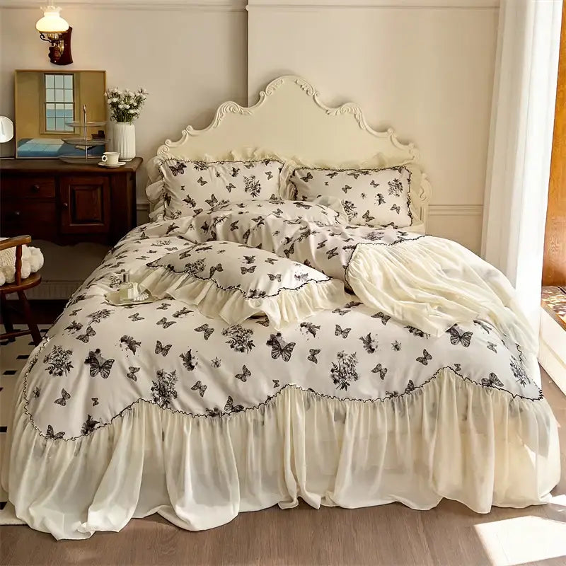 Beige Lace Ruffles Bedding Set
