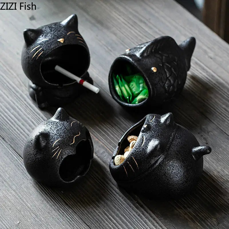 Black Ceramic Cat Ashtray