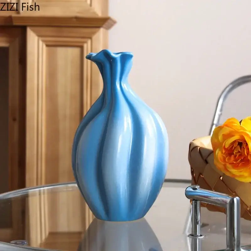 Blue Ribbed Ceramic Flower Vase