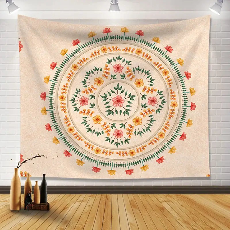 Beige Floral Mandala Tapestry