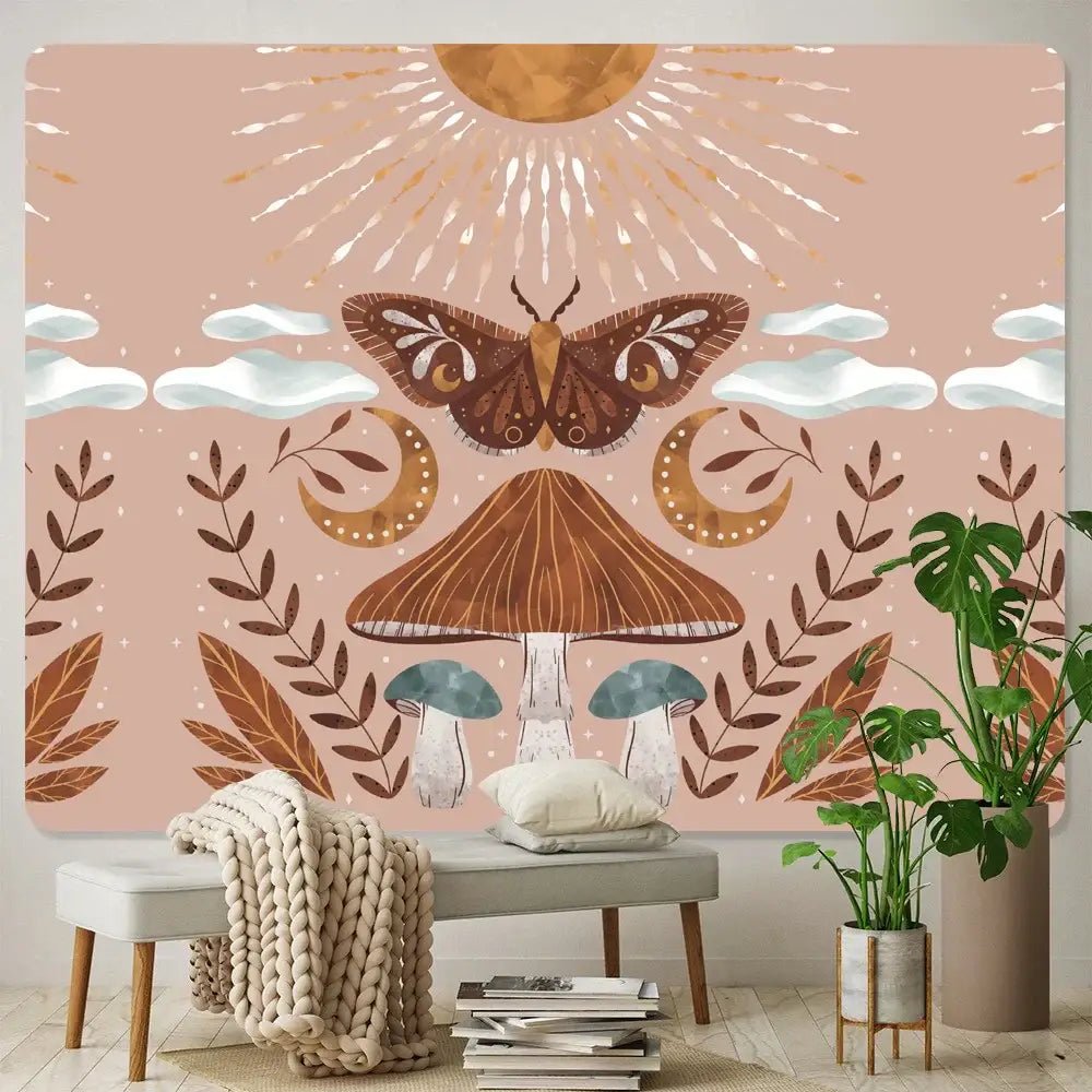 Pink Moth Mushroom Tapestry