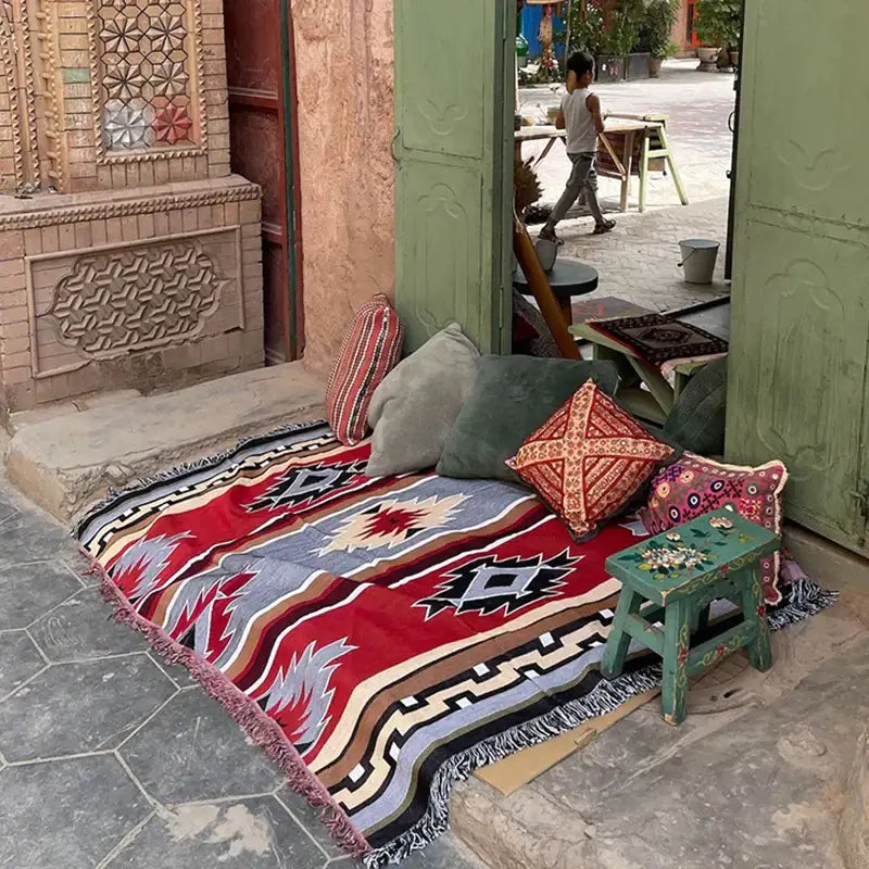Red Blue Geometric Knit Throw