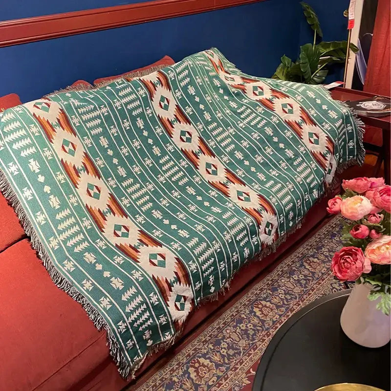 Red Blue Geometric Knit Throw