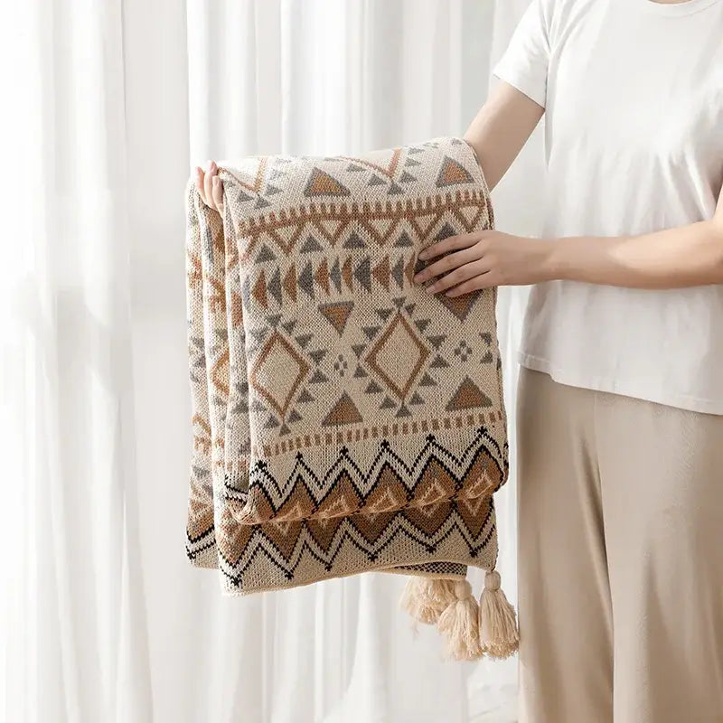 Oat Beige Tassel Knit Blanket