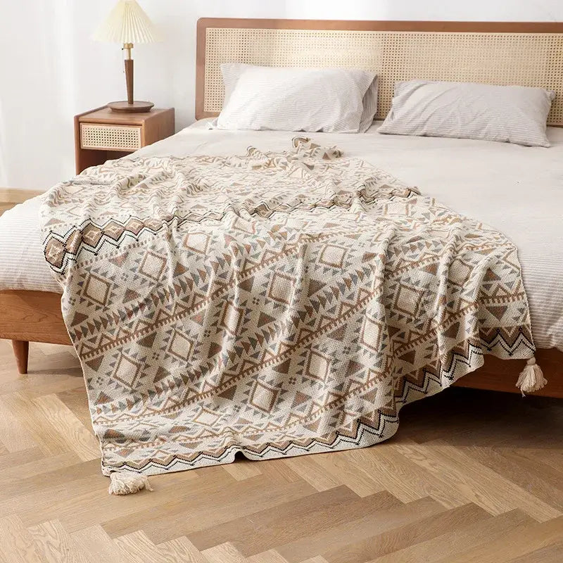 Oat Beige Tassel Knit Blanket