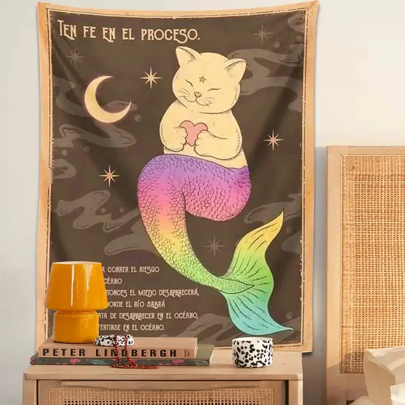 Rainbow Mermaid Cat Tapestry