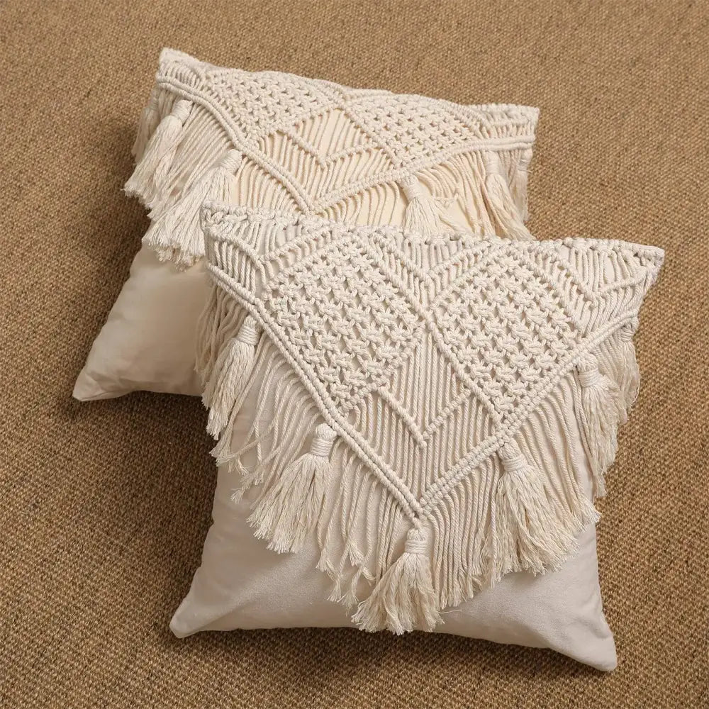 Beige Macrame Fringe Pillow
