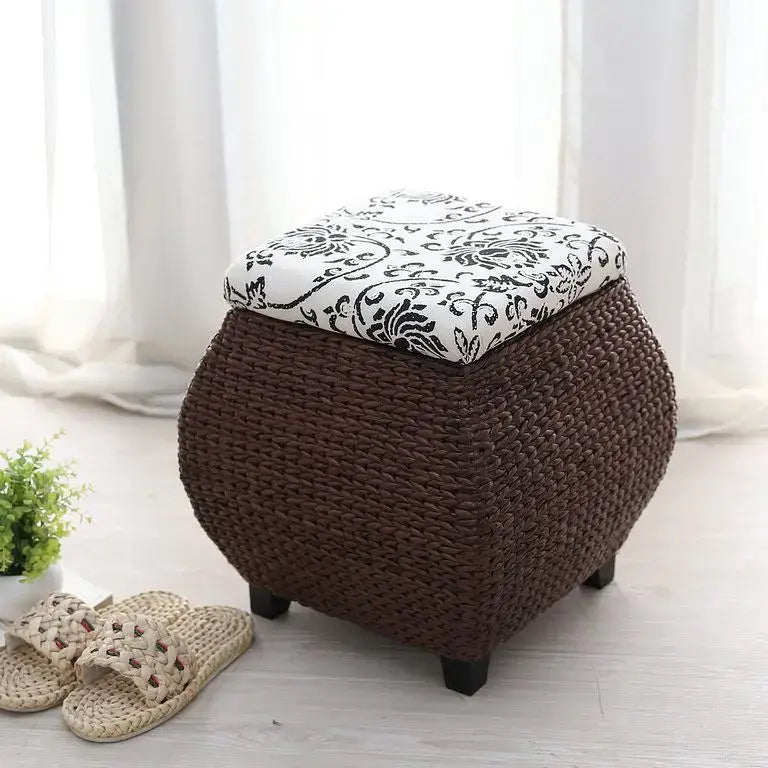 Beige Woven Rattan Stool